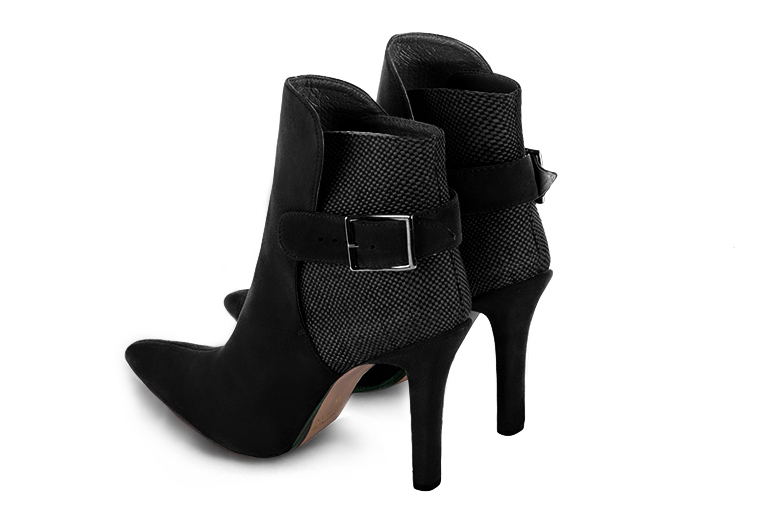 Matt black women's ankle boots with buckles at the back. Tapered toe. Very high slim heel. Rear view - Florence KOOIJMAN